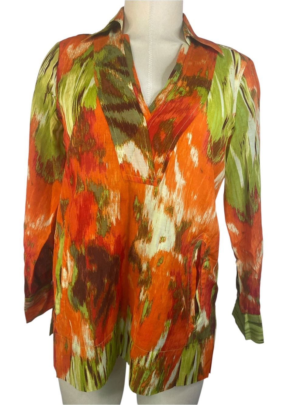Talbots Orange, Green & White Abstract V-Neck Tunic with Pockets Women’s Size 8P
